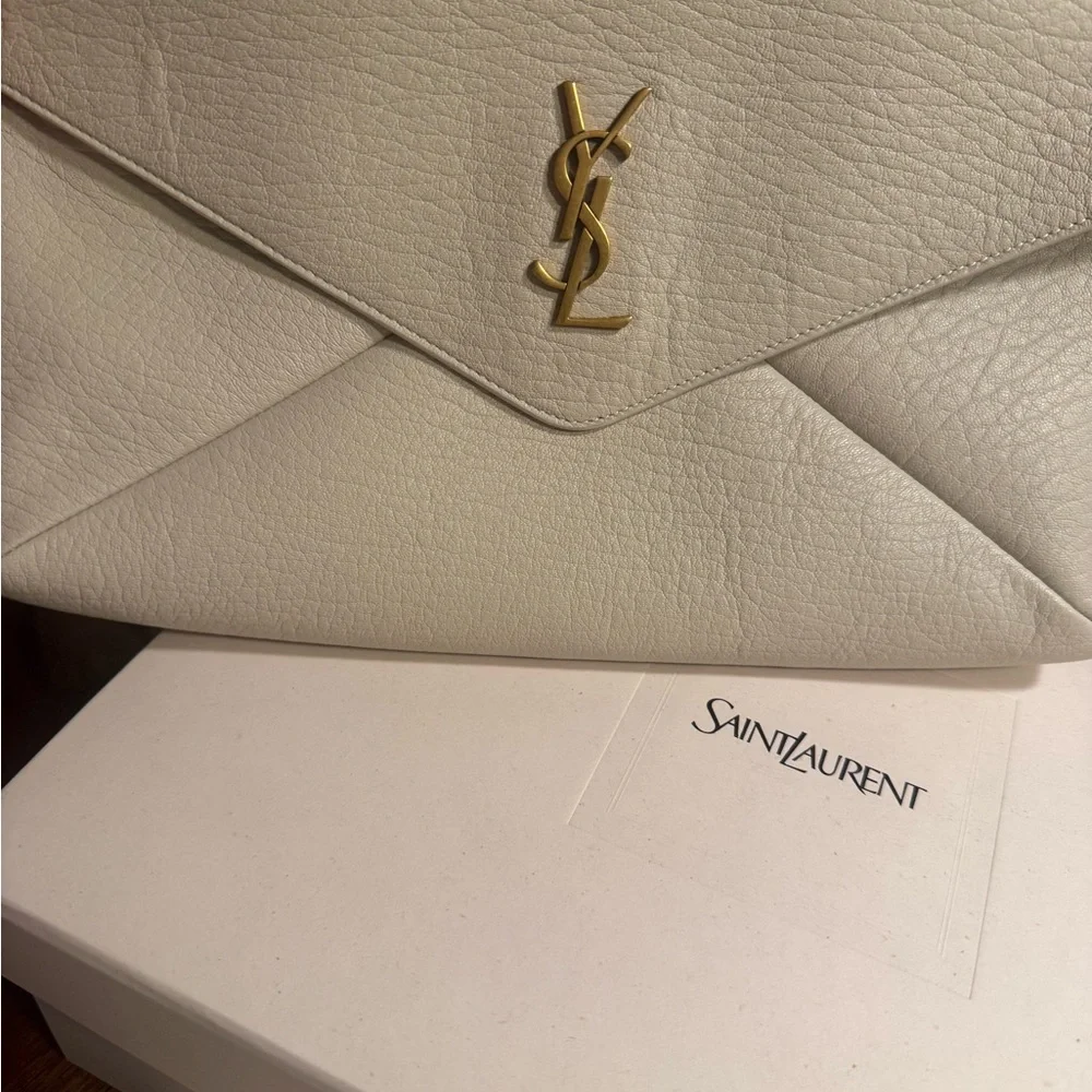 Saint Laurent Ivory Leather Envelope Clutch with Gold YSL Hardware - Picture 8 of 9